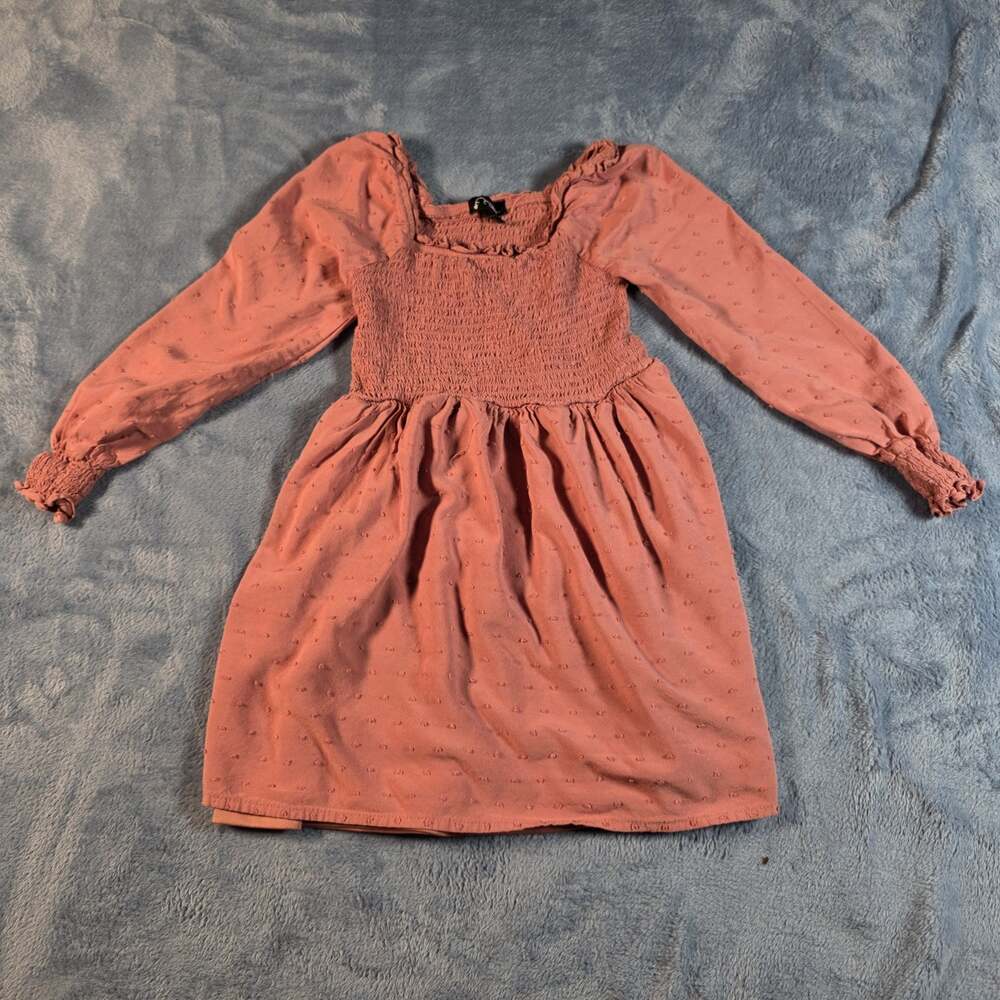 Art Class Girls Size 6 6X Coral Swiss Dot Smocked Long Sleeve Dress